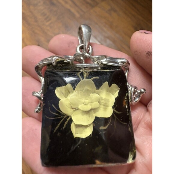 Vintage White Rose Pendant Glass For Necklace Rectangle Silver Tone - Picture 7 of 8